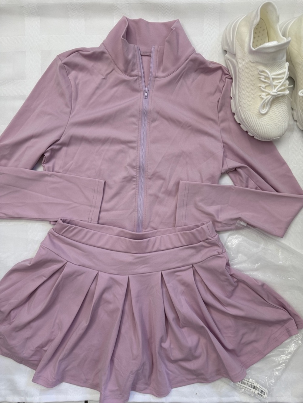 SHEIN Lavender Zip-Up Athletic Jacket & Pleated Skirt Set with Built In Shorts.